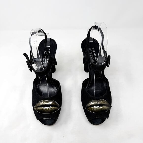 [Sonia Rykiel] Black Gold Lips Suede Leather Open Toe Platform Heels Sz 38 US 8 - Picture 2 of 12